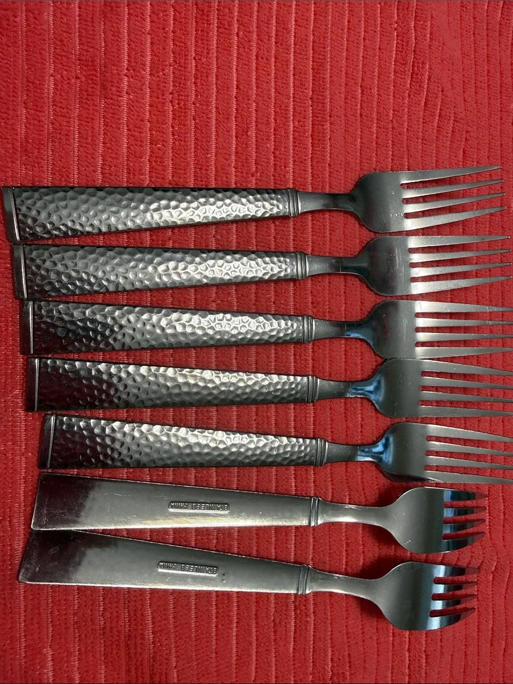 Hammered Stainless Steel Dinner Forks - Matte Finish. Sets of 7.